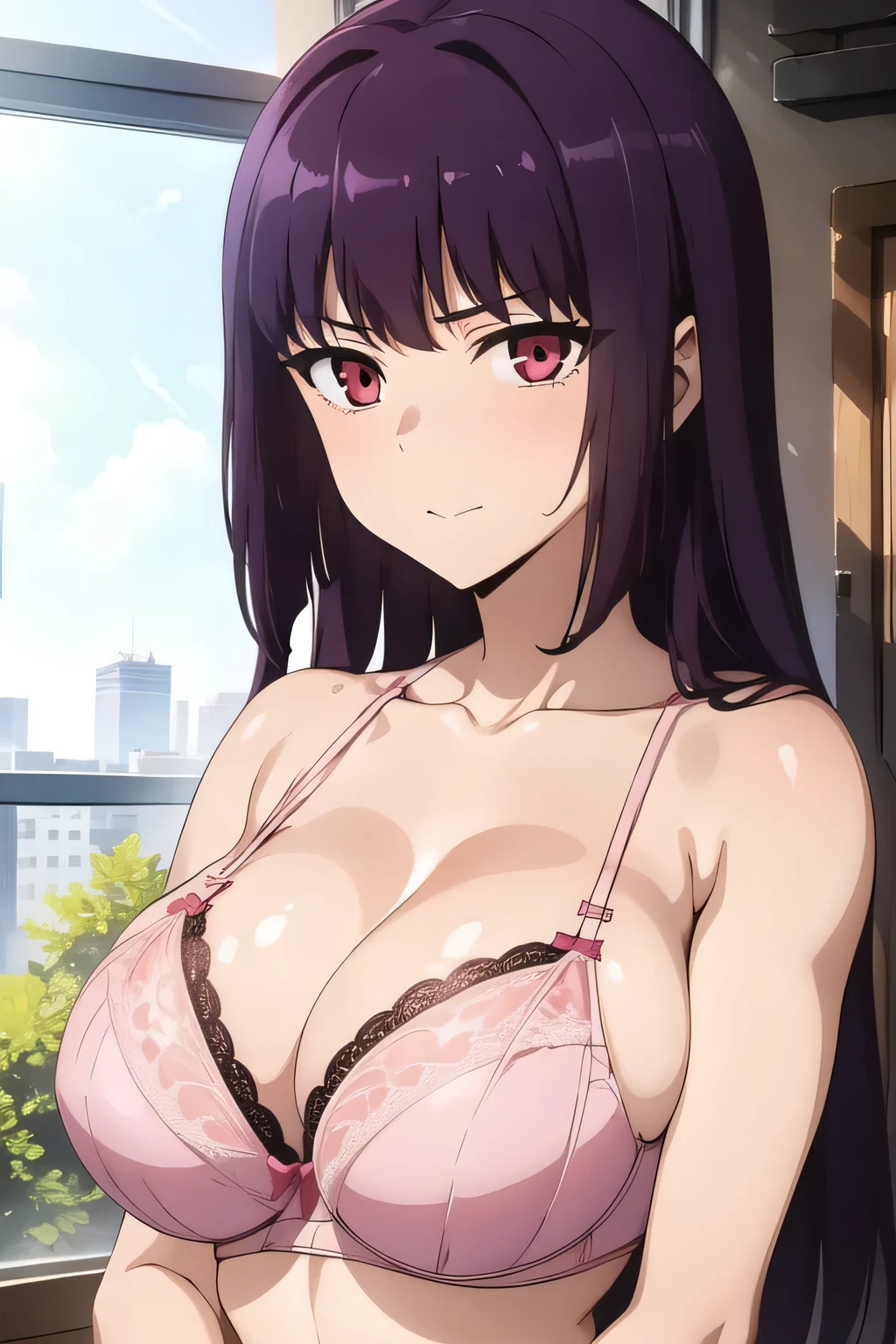 1girl, female, long hair, dark purple hair, ragged bangs, crimson eyes, pink lace bra, upper body, PINK LACE BRA.