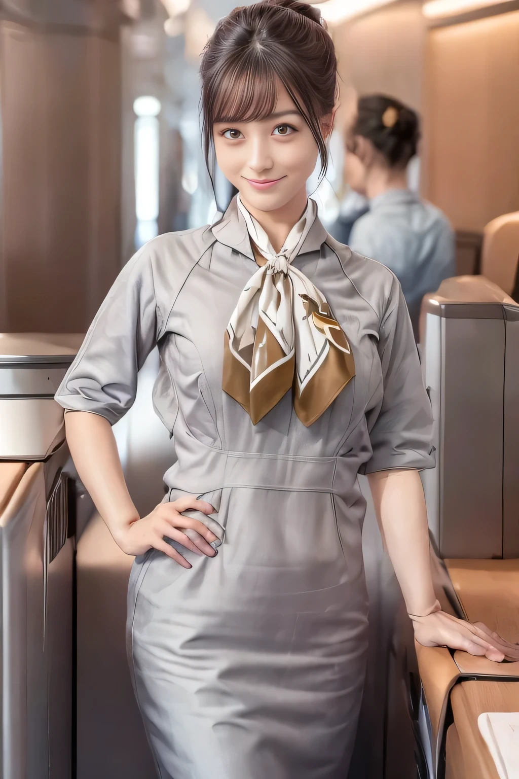 (masterpiece:1.2, Best Quality:1.2), 32kHDR, High resolution, (Alone、1 girl)、（Starlux Airlines flight attendant uniform）、 (At the airport counter, Professional Lighting)、A proper woman, Beautiful Face,、（Starlux Airlines flight attendant uniform Short Sleeve）、（Starlux Airlines flight attendant uniform）、（Scarf on chest）、Big Breasts、（Long Hair、Hair Bun）、Dark Brown Hair、Long hit、（（Great hands：2.0）），（（Harmonious body proportions：1.5）），（（Normal limbs：2.0）），（（Normal finger：2.0）），（（Normal eyes：2.0））)、Beautiful position、smile、Hands clasped underneath