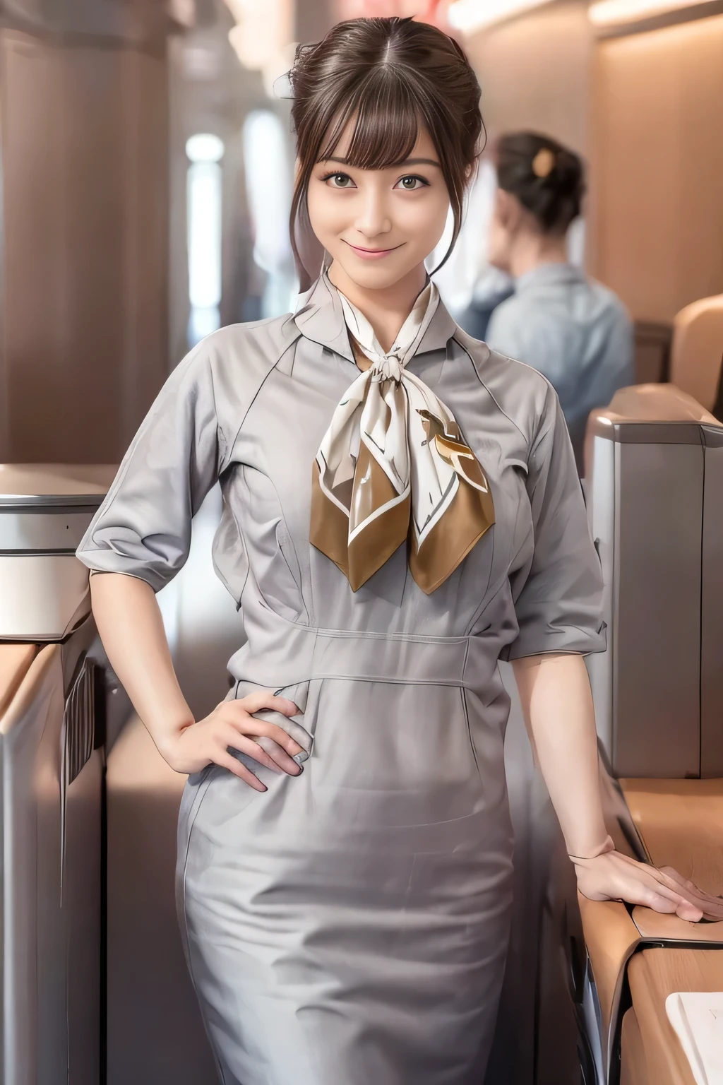 (masterpiece:1.2, Best Quality:1.2), 32kHDR, High resolution, (Alone、1 girl)、（Starlux Airlines flight attendant uniform）、 (At the airport counter, Professional Lighting)、A proper woman, Beautiful Face,、（Starlux Airlines flight attendant uniform Short Sleeve）、（Starlux Airlines flight attendant uniform）、（Scarf on chest）、Big Breasts、（Long Hair、Hair Bun）、Dark Brown Hair、Long hit、（（Great hands：2.0）），（（Harmonious body proportions：1.5）），（（Normal limbs：2.0）），（（Normal finger：2.0）），（（Normal eyes：2.0））)、Beautiful position、smile、Hands clasped underneath