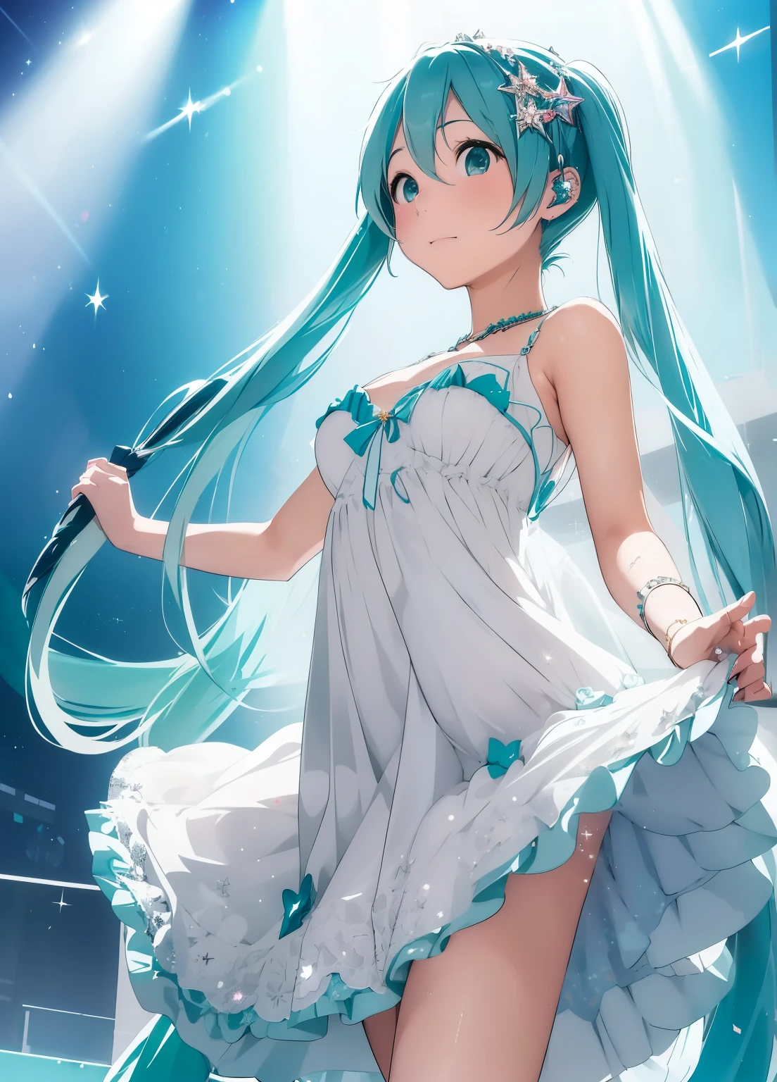 (masterpiece、Best Quality、Best Quality、Official Art、Beautiful and beautiful:1.2)、(One person:1.3)Hatsune Miku、Twin tails,Beautiful breasts,One person女の子, Alone, Best Quality, masterpiece , Hoshino Ruby, hair ornament, Shining Eyes, Stars in my eyes, (右Stars in my eyes:1), (dress:1.4), (Concert 1), On Stage,