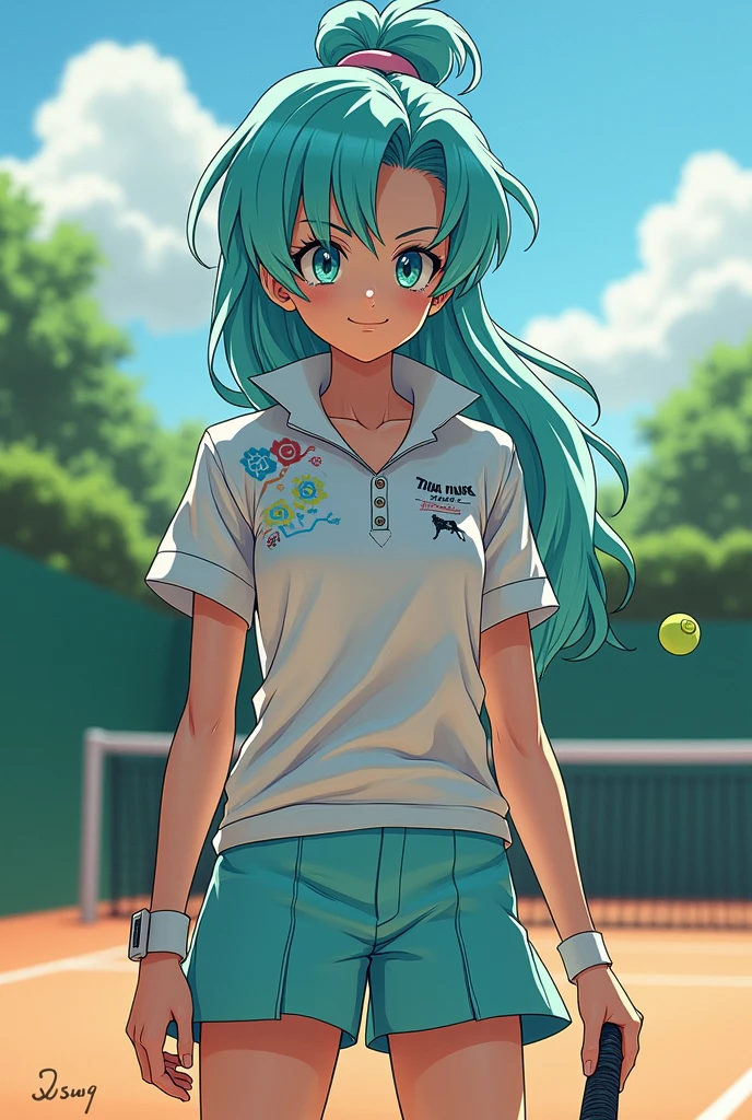 (masterpiece, best quality:1.2), <lyco:pokemon_kahili-10:1.0>, cowboy shot, solo, 1girl, kahili, smile, looking at viewer, hand on hip, visor cap, collared shirt, sleeveless, skirt, tennis court