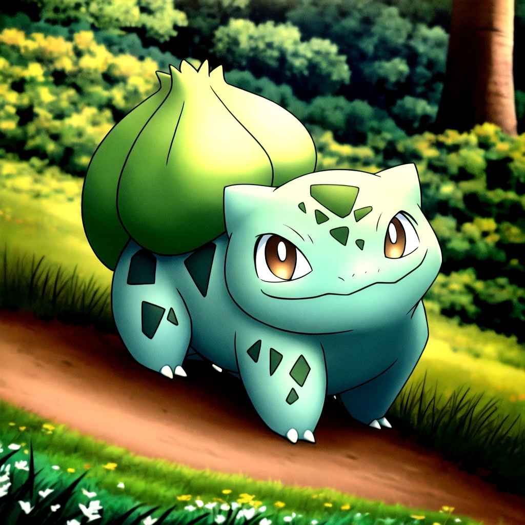 centered, award winning photo, Bulbasaur_Pokemon, whole body, cinematic composition, Meadow, 