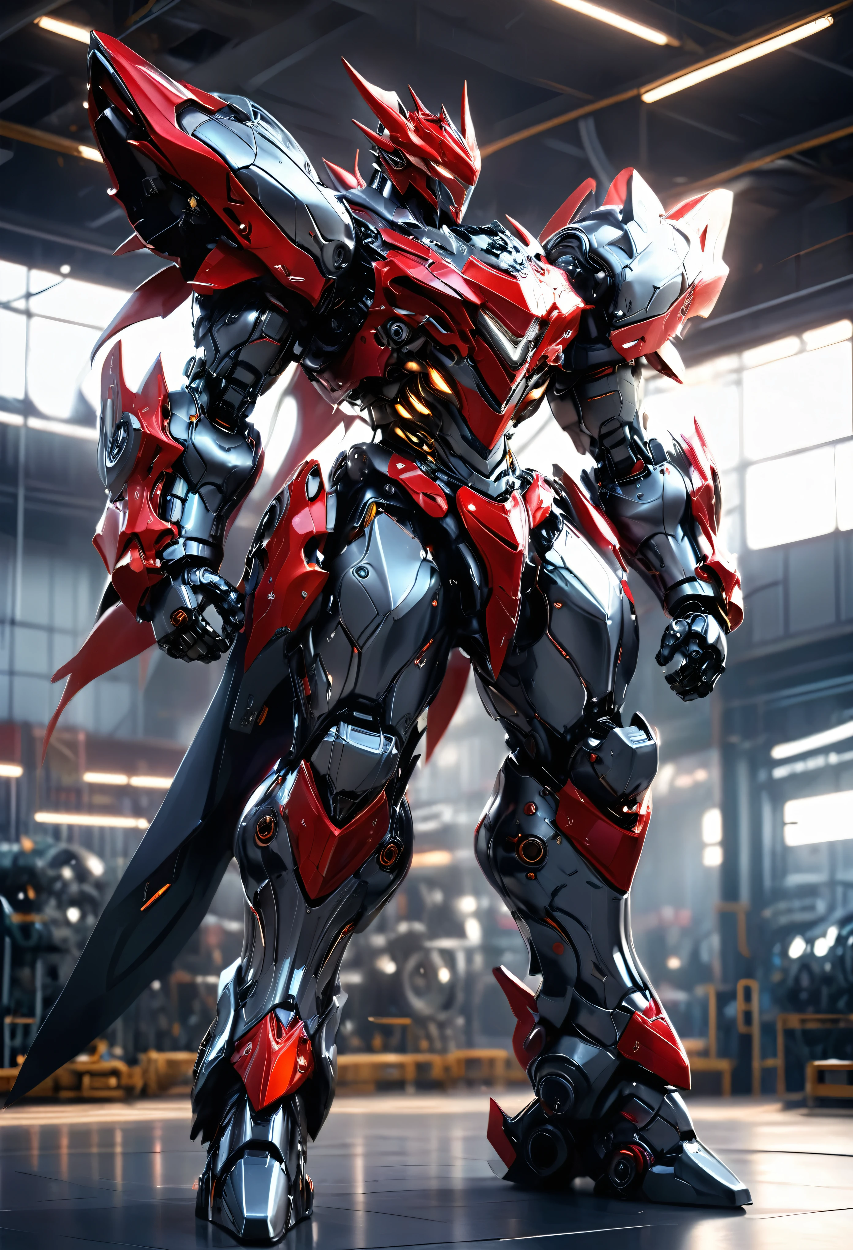 1 black mecha dragon, highly detailed, hyper realistic, red accents, cinematic lighting, photorealistic, 8k, best quality, intricate gears and machinery, powerful pose, glowing eyes, shiny metallic surfaces, dramatic shadows, depth of field, elegant design, dynamic composition, full body