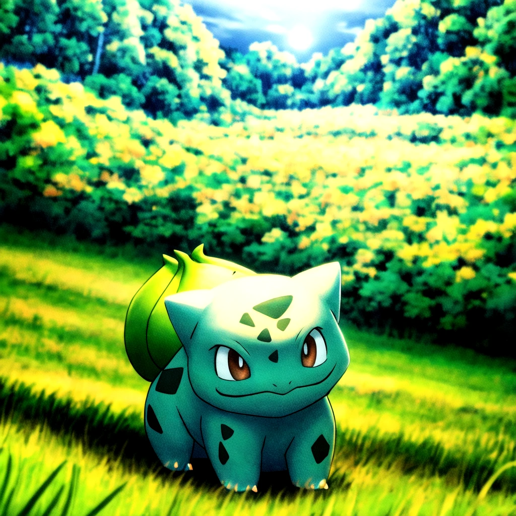 centered, award winning photo, Bulbasaur_Pokemon, whole body, cinematic composition, Meadow, 