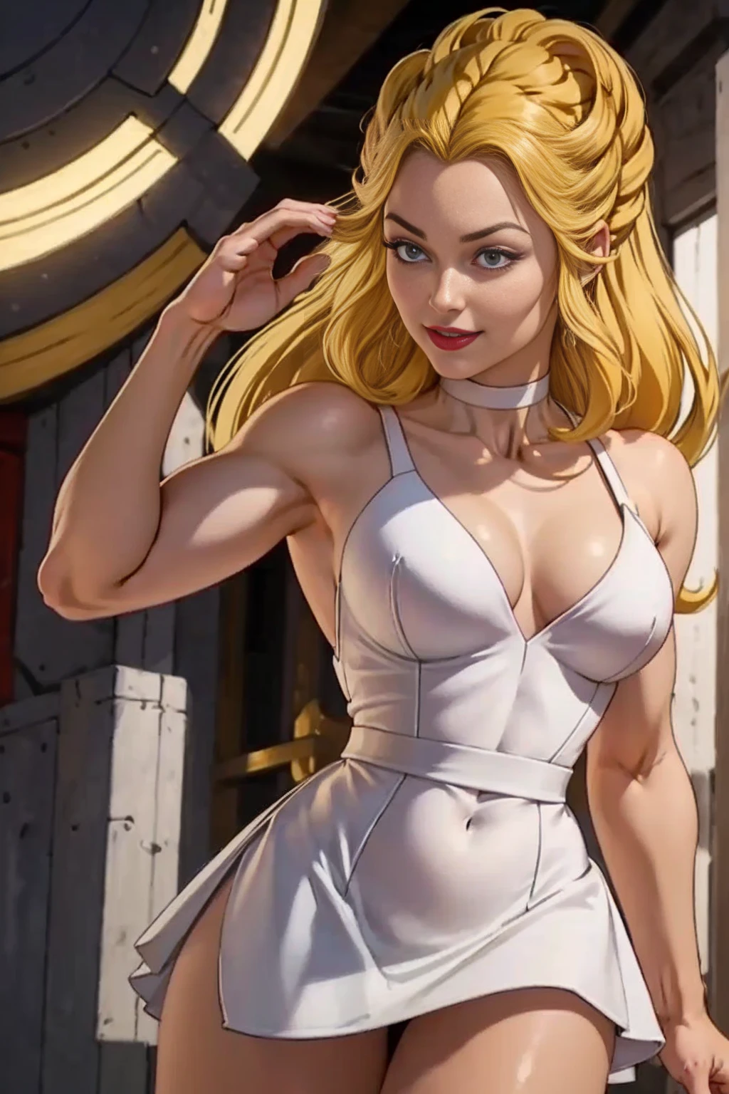 detailed photo of 1girl,
blonde, white dress, choker, she_ra,
Dynamic pose,
smug smile, (red lingerie)
tall , (muscular body:1.3), (femenine hands:1.3),
skindentation, narrow waist, thighs,, eyeliner, eyelashes, perfect face, detailed eyes, facial lighting, cleavage, sexy
looking at viewer (masterpiece, high quality:1.2)