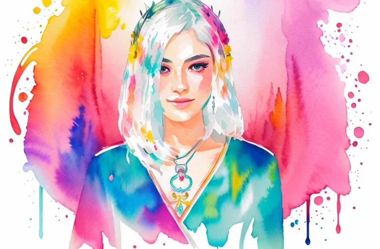 Portrait of a woman with long, silver hair embellished with a vibrant crown of flowers, expressing a serene and enchanting aura, digital illustration in a watercolor style, featuring rich colors and dripping paint effects against a light background.