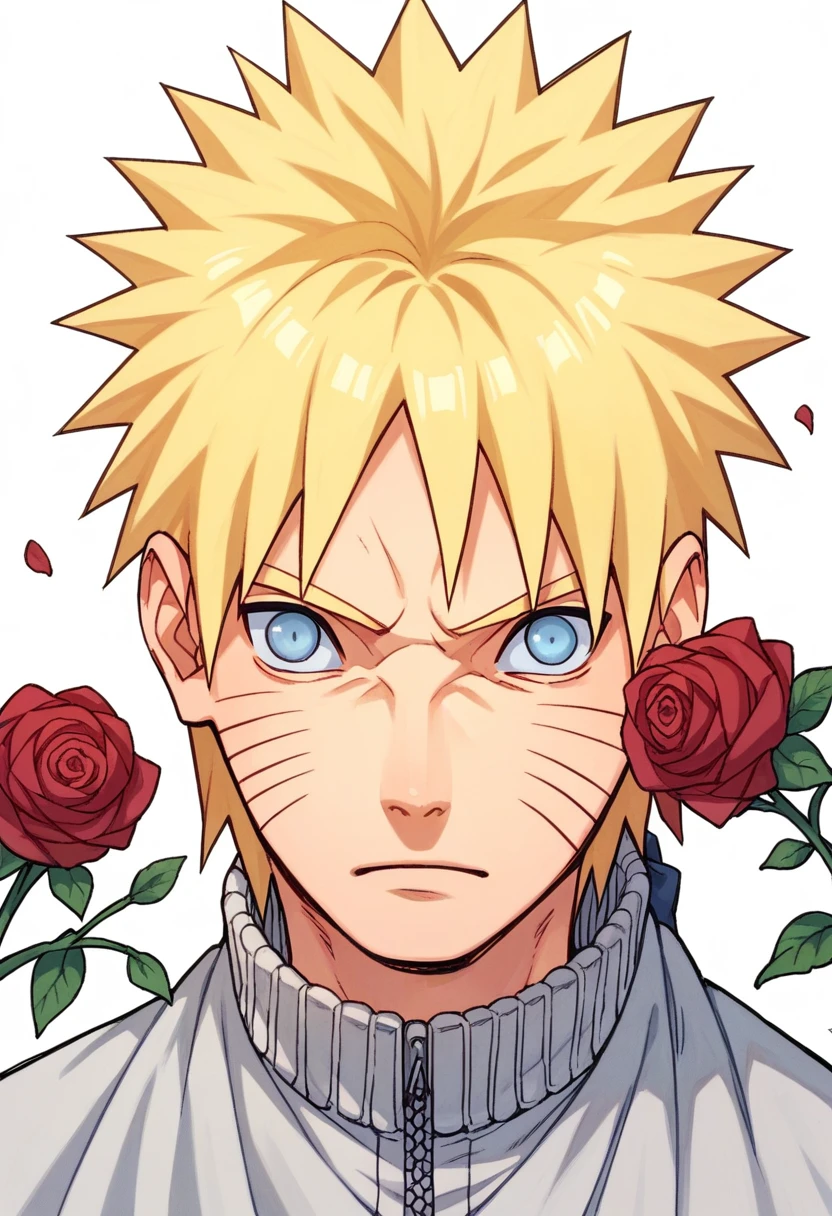 naruto uzumaki is surrounded by roses white background blue eyes yellow hair,he has a sweet expression,soft eyes,and turned to the right