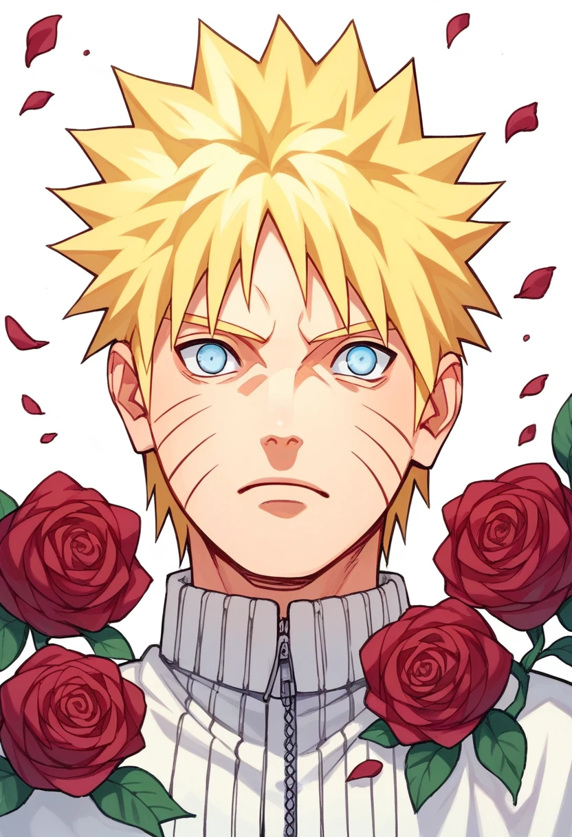 naruto uzumaki is surrounded by roses white background blue eyes yellow hair,he has a sweet expression,soft eyes,and turned to the right