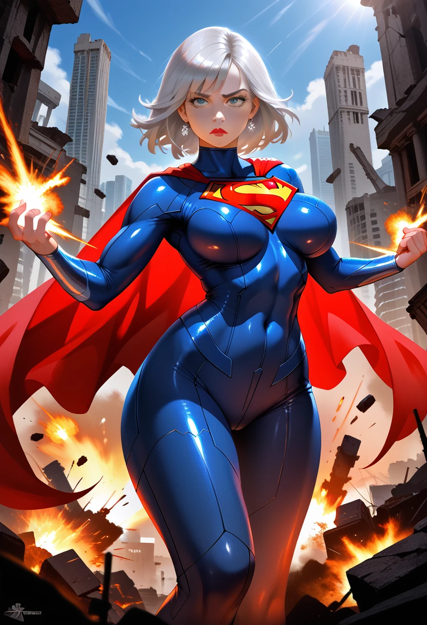 1girl, solo, action shots of female, blonde hair in a ponytail, ((wearing a skimpy revealing black and silver version of the evil superman suit man of steel)), pleated skirt, no pants, pleated skirt blowing in the wind revealing visible vagina,
small breasts, boob window, (explosions in the background a city in ruins), Style-BladeRunner2049-8v Intricate, High Detail, Sharp focus, dramatic,