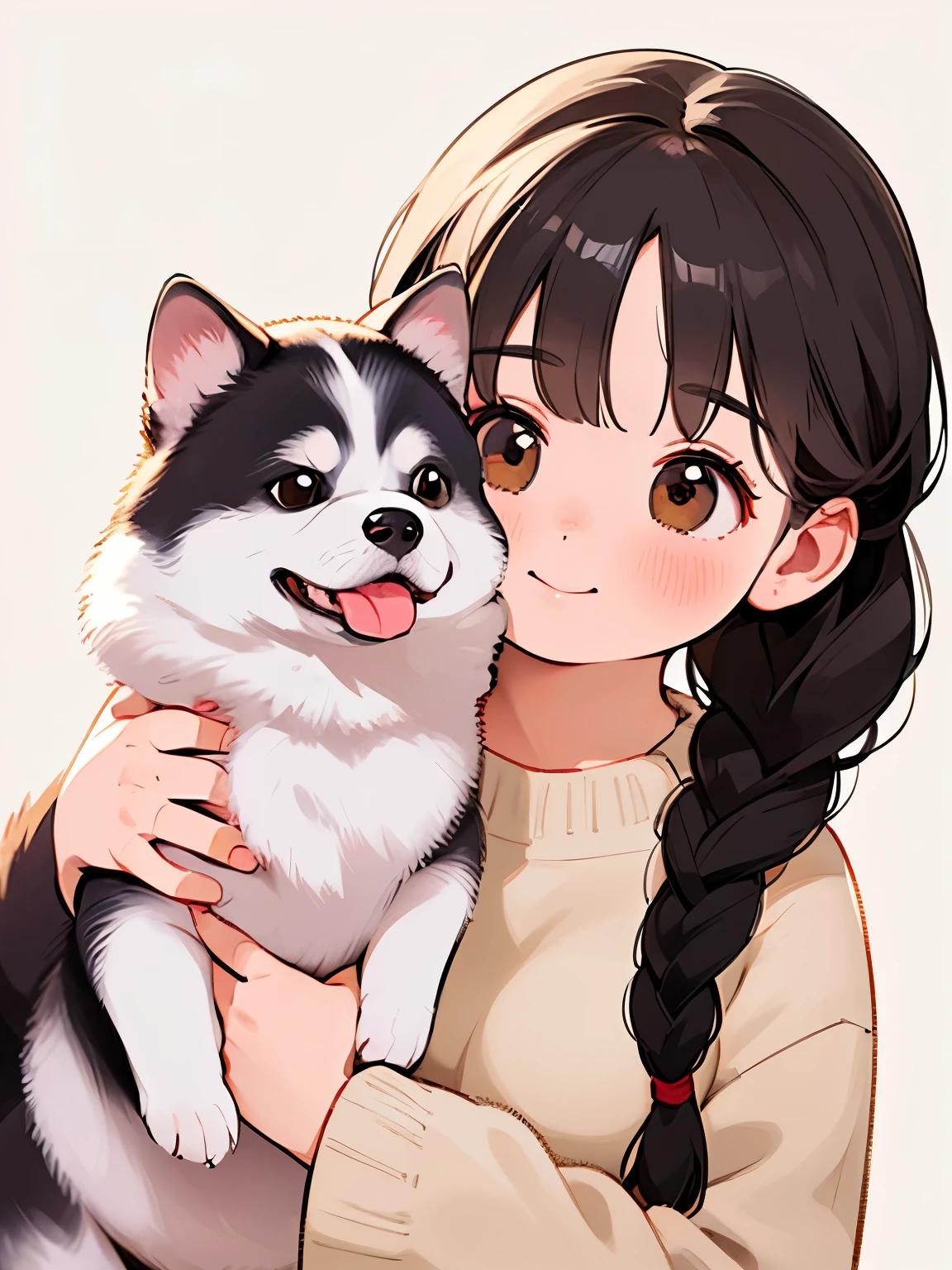 (Best Quality,4K,8k,High resolution,masterpiece:1.2), Very detailed, (Deformed, Realistic, Realistic:1.3)，One ，cute，Very short stature，Laugh happily, Brown eyes, Fluffy, Black hair braids，White Dress，Holding a big dog，The dog is much bigger than the girl.....，This dog is a Siberian Husky....，犬はFluffy，Dog hugging a girl，Siberian husky holds white panties in his mouth:1.5、Autumn background rural house garden，