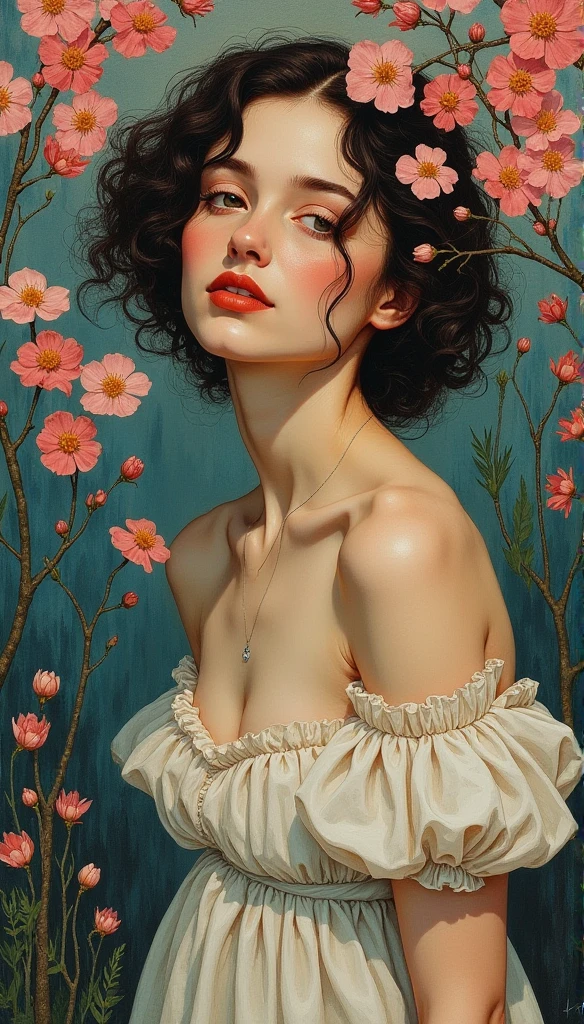 A woman is, nude, (naked), design vector,Tokar, 8K, hyper HD, Albino demon girl standing, (nude), shot from far away, (large eyes, Eyes are delicate and beautiful, Beautiful and delicate face, Details on the face), (black curly hair) , pink rose bush, winking, white background, Complicated details, colored background, Abstract, (pubic hair, hairy pussy, hairy vulva), (medium size saggy breasts), (bare feet)