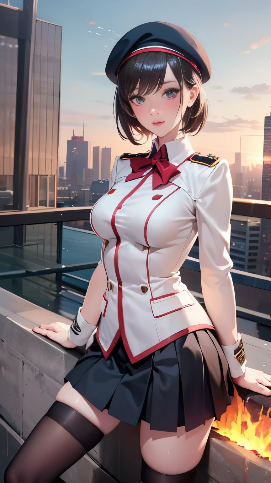 (very delicate and beautiful:1.2)super model,perfect shape,girl's,,Thighhighs,beautiful feet,beret,gentle expression,spoiled look,Innocent face,ミニskirt,medium breasts,beautiful breasts,voluptuous,bike shorts,givenchy,masterpiece, highest quality, High resolution, 8K, , skirt, uniform, short hair, messy hair, blush, sexy pose, medium breasts, seductive pose, sweating,, sweating, cityscape, vivid details, super detail, realistic skin texture, Surface details, Beautiful eyes in every detail, medium full shot, Girl holding a sword,flame background,