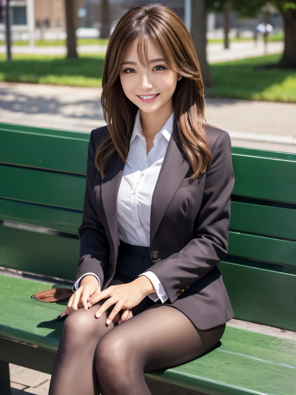 masterpiece, Best Quality, Realistic, Very detailed, finely, High resolution, 8K wallpaper, 1. Beautiful woman,, Light brown messy hair, Wearing a business suit, Short Harp Focus, Perfect Dynamic Configuration, finelyて美しい目, Thin Hair, Detailed and Realistic skin texture, smile,  Model body type、Ultra-realistic pantyhose:1.3、Park bench、smile、gal.safetensors