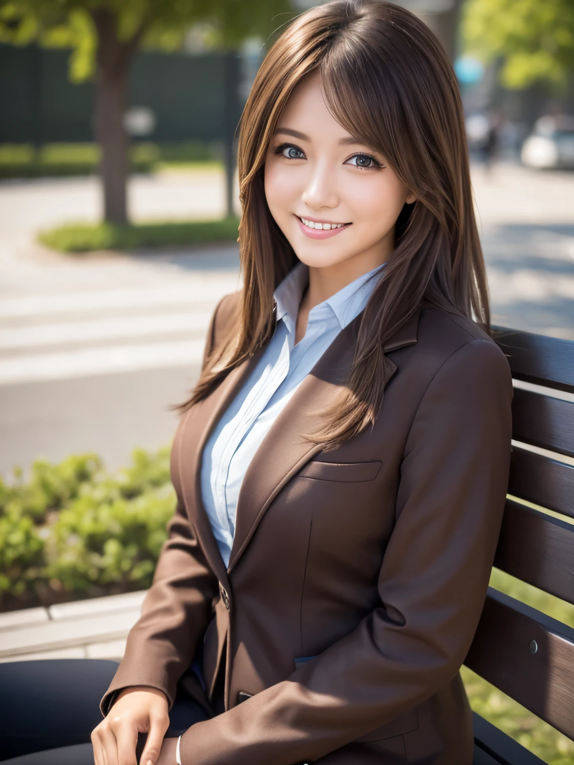 masterpiece, Best Quality, Realistic, Very detailed, finely, High resolution, 8K wallpaper, 1. Beautiful woman,, Light brown messy hair, Wearing a business suit, Short Harp Focus, Perfect Dynamic Configuration, finelyて美しい目, Thin Hair, Detailed and Realistic skin texture, smile, Model body type、Ultra-realistic pantyhose:1.3、Park bench、smile、gal.safetensors