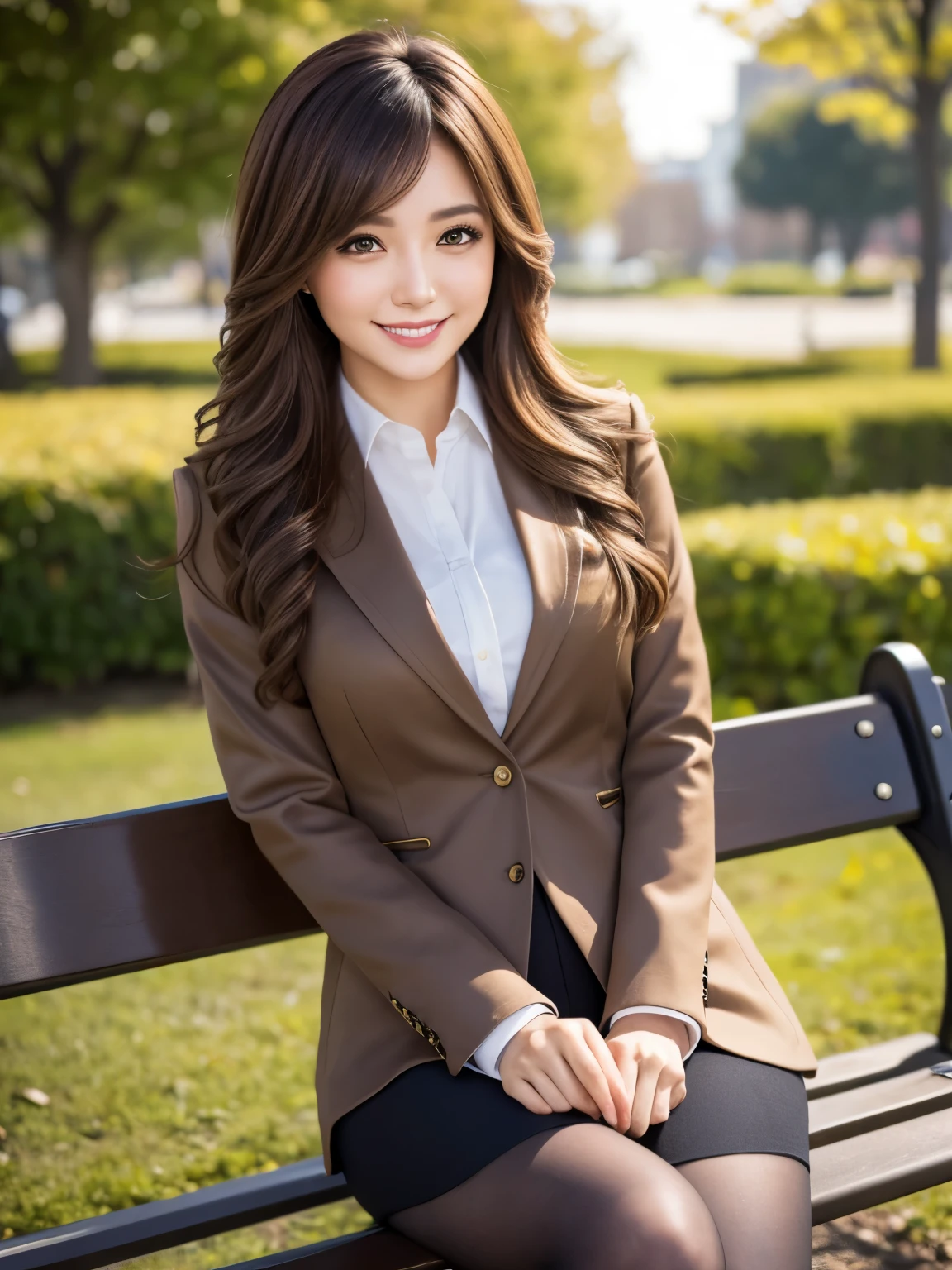 masterpiece, Best Quality, Realistic, Very detailed, finely, High resolution, 8K wallpaper, 1. Beautiful woman,, Light brown messy hair, Wearing a business suit, Short Harp Focus, Perfect Dynamic Configuration, finelyて美しい目, Thin Hair, Detailed and Realistic skin texture, smile, Model body type、Ultra-realistic pantyhose:1.3、Park bench、smile、gal.safetensors
