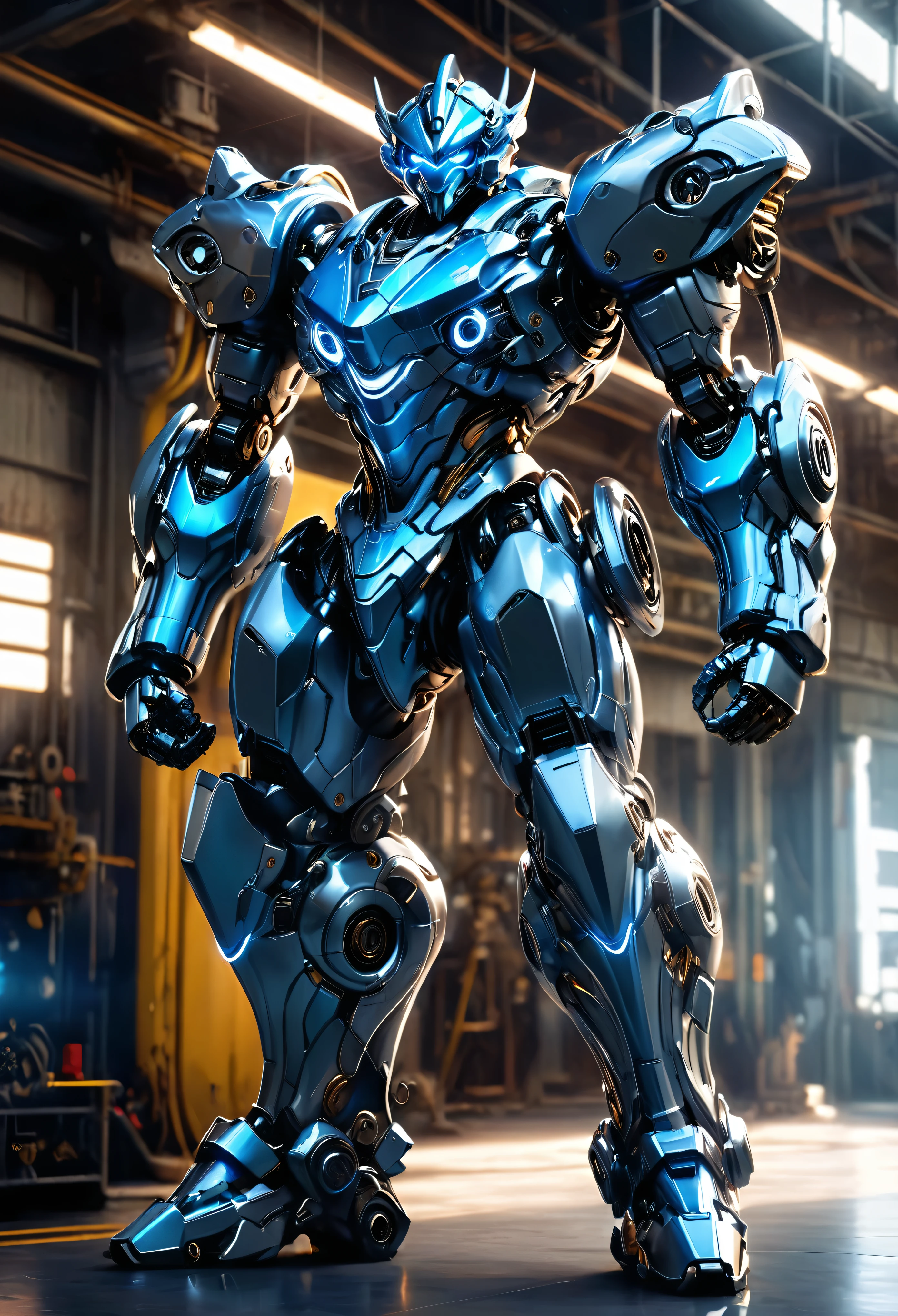 1 black mecha monkey, highly detailed, hyper realistic, blue accents, cinematic lighting, photorealistic, 8k, best quality, intricate gears and machinery, powerful pose, glowing eyes, shiny metallic surfaces, dramatic shadows, depth of field, elegant design, dynamic composition, full body