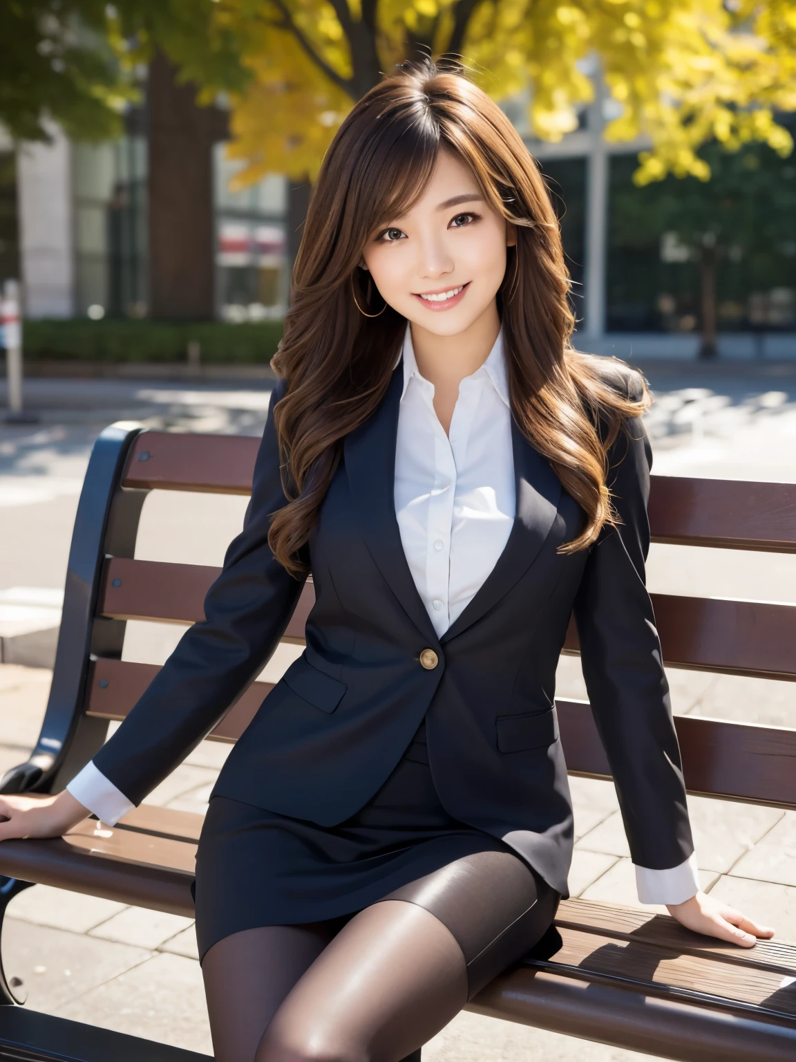 masterpiece, Best Quality, Realistic, Very detailed, finely, High resolution, 8K wallpaper, 1. Beautiful woman,, Light brown messy hair, Wearing a business suit, Short Harp Focus, Perfect Dynamic Configuration, finelyて美しい目, Thin Hair, Detailed and Realistic skin texture, smile, Model body type、Ultra-realistic pantyhose:1.3、Park bench、smile、gal.safetensors