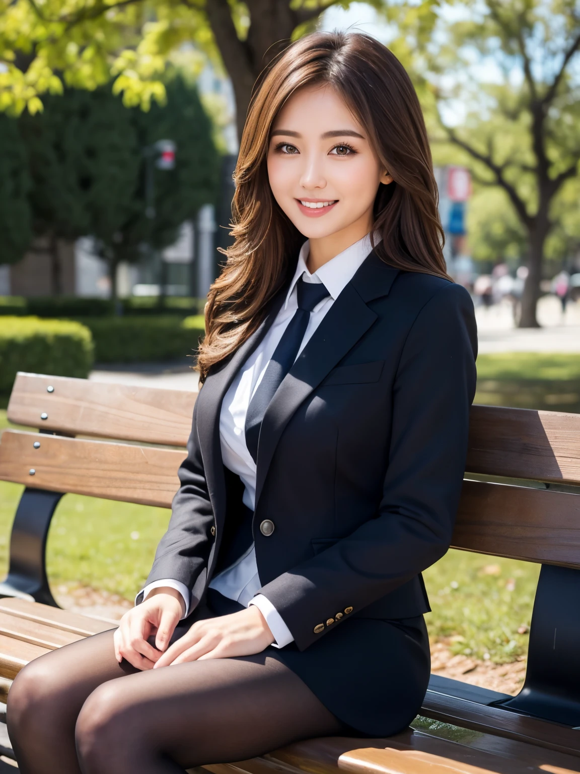 masterpiece, Best Quality, Realistic, Very detailed, finely, High resolution, 8K wallpaper, 1. Beautiful woman,, Light brown messy hair, Wearing a business suit, hort Harp Focus, Perfect Dynamic Configuration, finelyて美しい目, Thin Hair, Detailed and Realistic skin texture, smile, Model body type、Ultra-realistic pantyhose:1.3、Park bench、smile、gal.safetensors