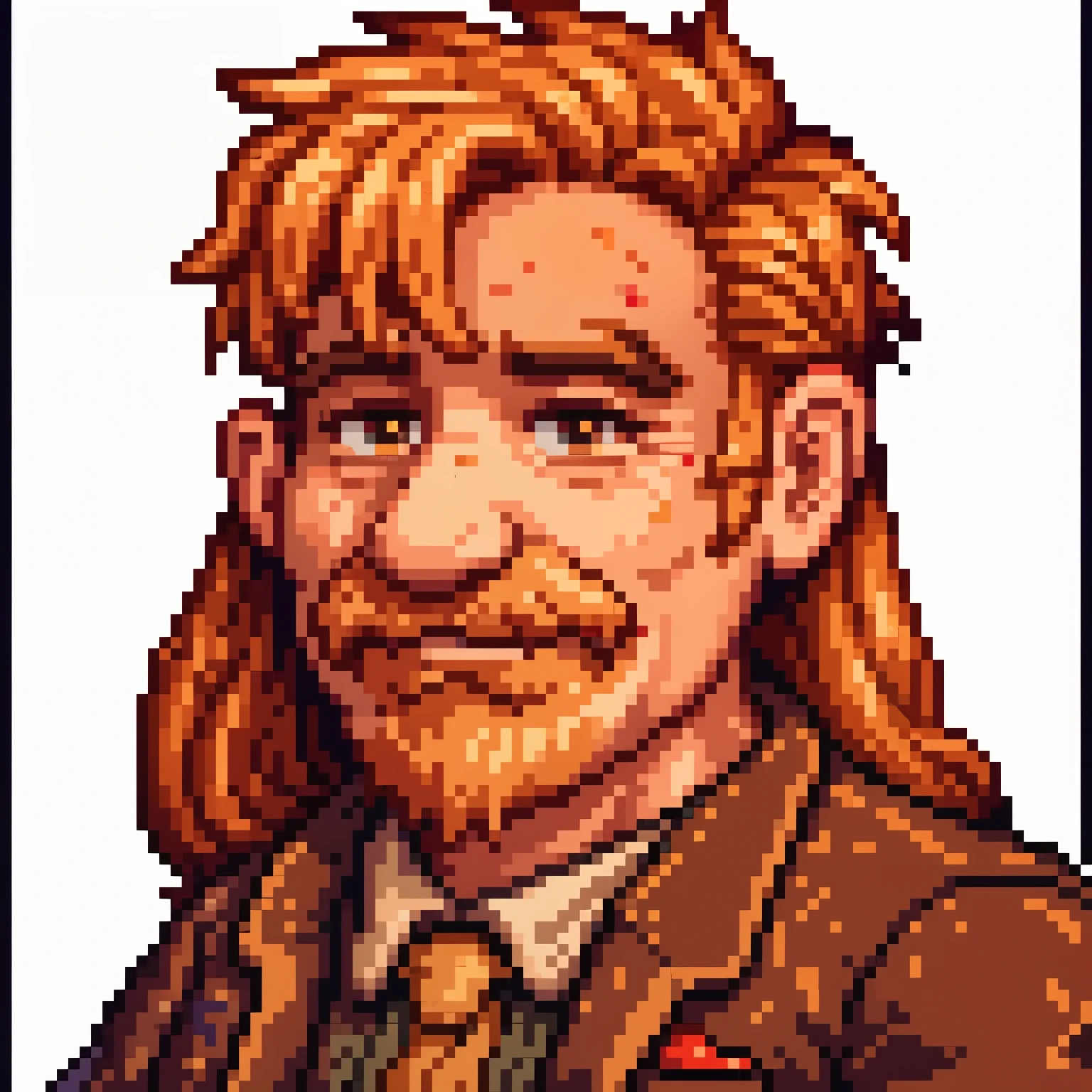 ((64bit pixel-art portrait)) of man in his mid-50s with mid, messy ginger hair. He wears an old-fashioned brown suit, His face is kind, with sharp but gentle features, deep-set eyes filled with wisdom, and a subtle, knowing smile, 