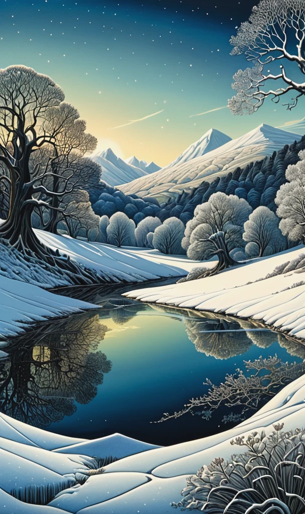 Peaceful winter day, snowy landscape, serene atmosphere, winter wonderland, glistening snow, quietude, frosty air, calm and stillness, snowy peaks, icy beauty, winter mountains, crystal-clear skies, sunlit snowdrifts, frozen lakes, snow-covered trees, cozy cabins, warm sunlight, winter solitude, crisp mountain air, peaceful contemplation, nature's tranquility, winter magic.