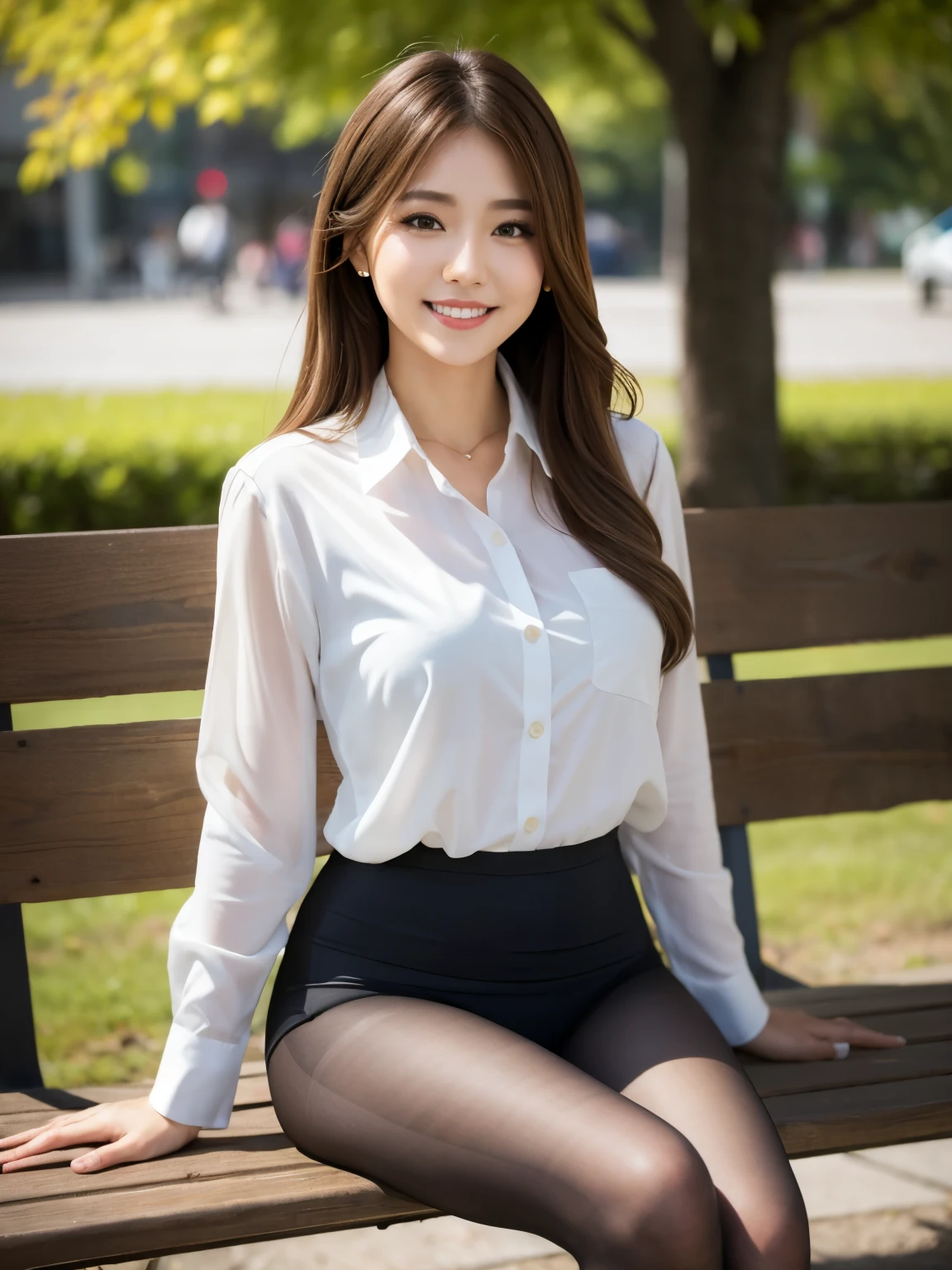 masterpiece, Best Quality, Realistic, Very detailed, finely, High resolution, 8K wallpaper, 1. Beautiful woman,, Light brown messy hair, Wearing a business suit, hort Harp Focus, Perfect Dynamic Configuration, finelyて美しい目, Thin Hair, Detailed and Realistic skin texture, smile, Model body type、Ultra-realistic pantyhose:1.3、Park bench、smile、gal.safetensors