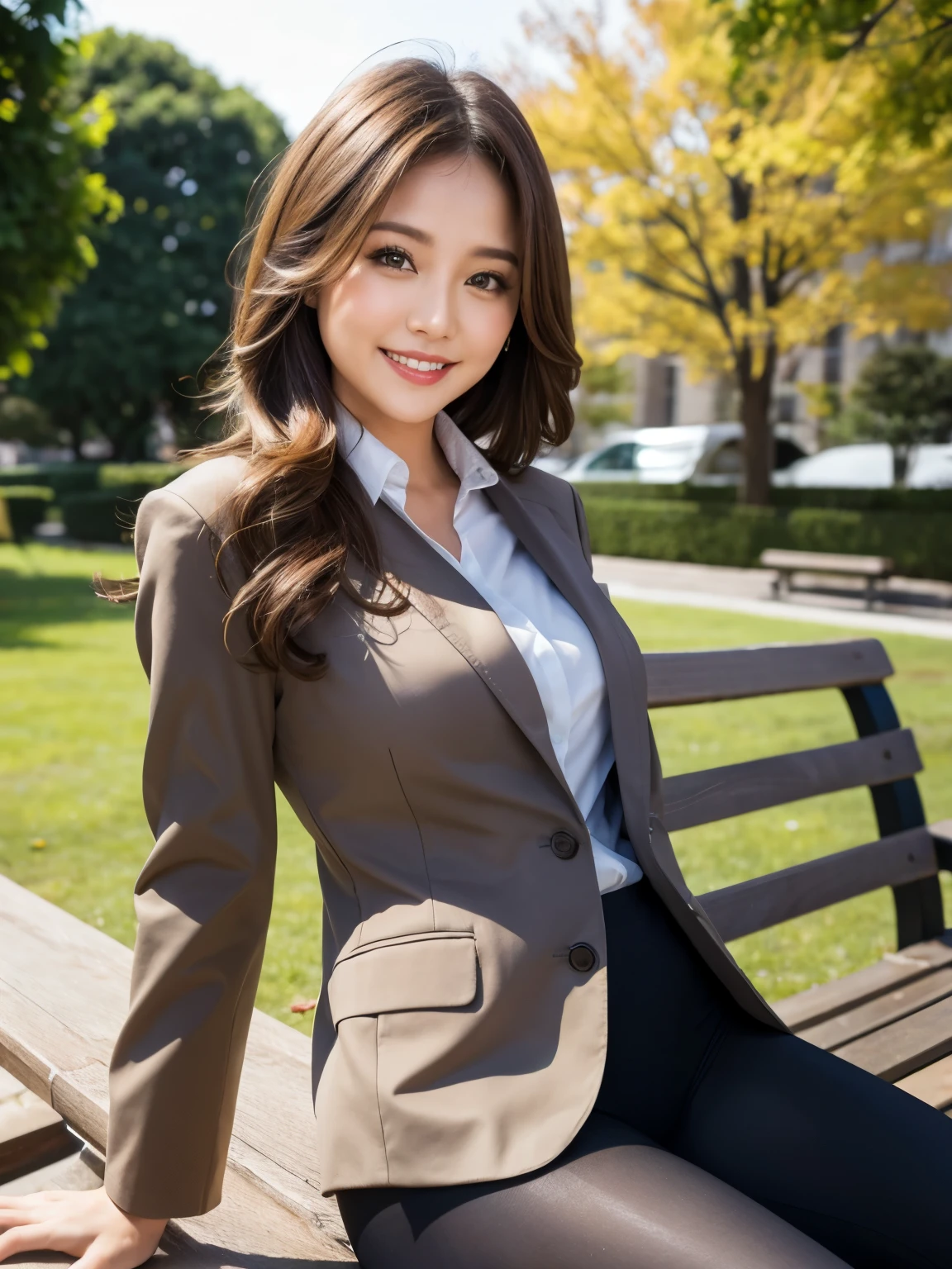 masterpiece, Best Quality, Realistic, Very detailed, finely, High resolution, 8K wallpaper, 1. Beautiful woman,, Light brown messy hair, Wearing a business suit, hort Harp Focus, Perfect Dynamic Configuration, finelyて美しい目, Thin Hair, Detailed and Realistic skin texture, smile, Model body type、Ultra-realistic pantyhose:1.3、Park bench、smile、gal.safetensors