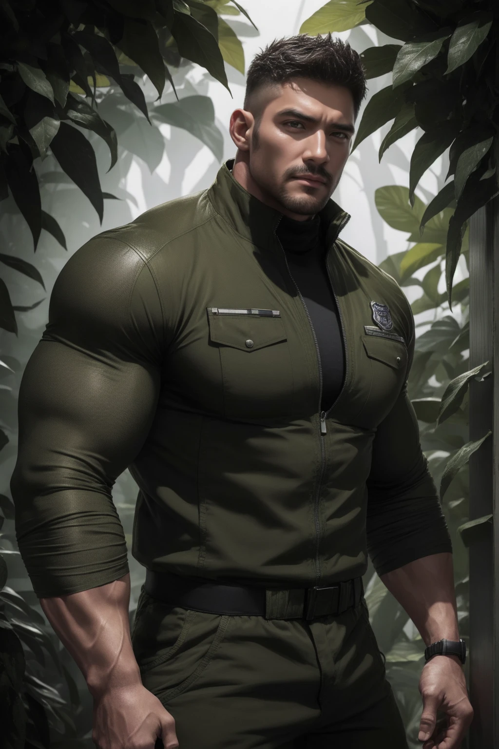 Muscular police officer with his mouth open and screaming..，Khaki camouflage windbreaker，Wear a black turtleneck tight sweater，Character Conception（Resident Evil - Chris Redfield，Chris Redfield）Senior Police Officer，穿着Khaki camouflage windbreaker，Matte texture，Regular symmetrical texture pattern，Standing in the dark sugarcane jungle, The body was wrapped in thick vines.，Angry，Deep and charming eyes，The hero with emerald pupils，Valiant male pose，高大Burly，Muscular！Attractive leg muscles，High target, Burly, Heqiang， 穿着Khaki camouflage windbreaker， Super Buff and Coolness， High Resolution Committee， Charming strongman，The bright sunshine shines on you，Matte particles，Shiny texture