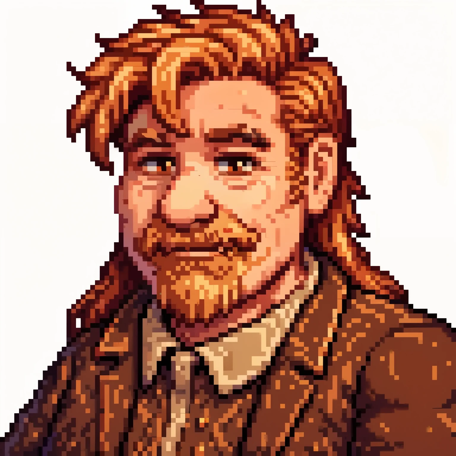 ((64bit pixel-art portrait)) of man in his mid-50s with mid, messy ginger hair. He wears an old-fashioned brown suit, His face is kind, with sharp but gentle features, deep-set eyes filled with wisdom, and a subtle, knowing smile, 