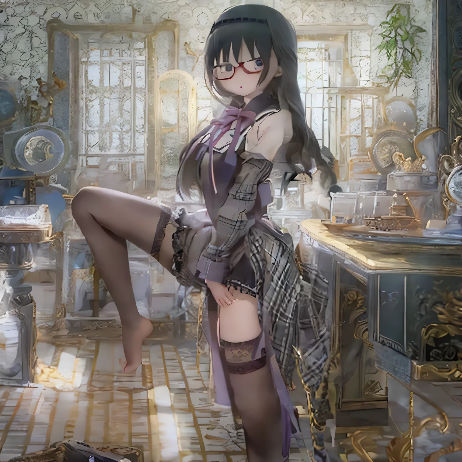 (Realistic:1.37), Vibrant colors, Very detailed, Physically Based Rendering, Tabletop, Expressive eyes, Perfect Face, Closed lips, barefoot, Akemi Homura is standing, Black Hair,  Sexy lingerie and black-rimmed glasses, seductive posture豊かな胸.Garter belt