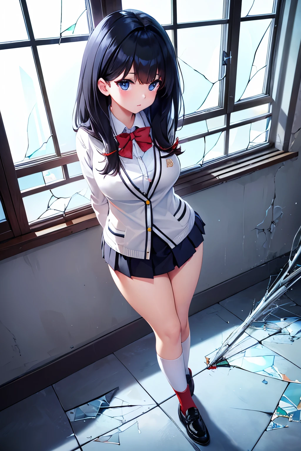 (16k,Ultra-high resolution,Best Quality,masterpiece,Very detailed,Extremely clear CG),Rikka Takarada, black hair, blue eyes, long hair,black footwear, black skirt, bow, bowtie, buttons, Cardigan, collared shirt, long sleeves, microskirt, pleated skirt, red bow, red bowtie, red socks, school uniform, shirt, skirt, socks, thighs, white Cardigan, white shirt,Perfect Eyes,Very detailed顔の特徴, Beautiful and perfect face,Anatomically correct body,Plump thighs,((Standing in front of a huge broken glass window:1.3)),blue sky,classroom