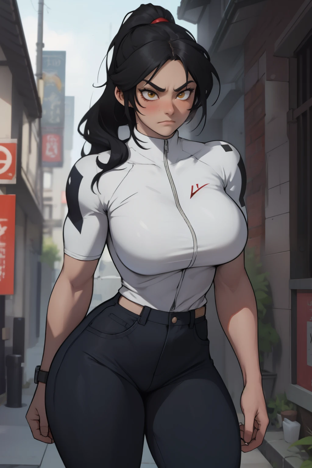 pale girl muscular girl huge breasts black hair yellow eyes expressionless sad