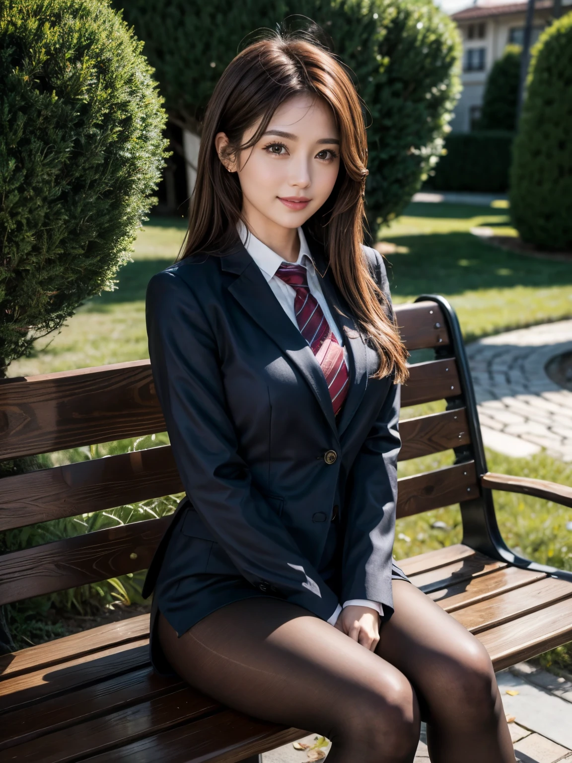 masterpiece, Best Quality, Realistic, Very detailed, finely, High resolution, 8K wallpaper, 1. Beautiful woman,, Light brown messy hair, Wearing a business suit, hort Harp Focus, Perfect Dynamic Configuration, finelyて美しい目, Thin Hair, Detailed and Realistic skin texture, smile, Model body type、Ultra-realistic pantyhose:1.3、Park bench、smile、gal.safetensors