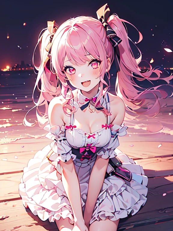 (masterpiece, best quality,high:1.5 resolution),((1girl:2,solo:2)),maruyama_aya_bangdream pink_hair, bangs, pink_eyes, blush, smile, open_mouth, bow, ribbon, twintails, sidelocks, long_hair, hair_ribbon, hair_bow