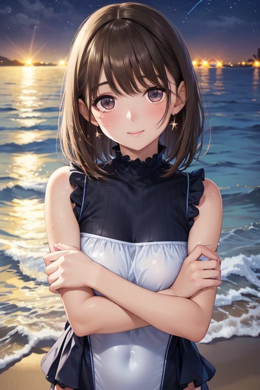 10 years old,Girl,,Flat Chest,Little white panties,Small nipples,Highest quality、High resolution、Detailed Background、Beautiful face in every detail、Teenage Beauty、Cute hair colour、Brown Hair、Black Hair、Bobcut、Twin tails、Big smile、boost mood、 Summer sun、Shining Sea,Angle from below、Leg spread、Embarrassing、
