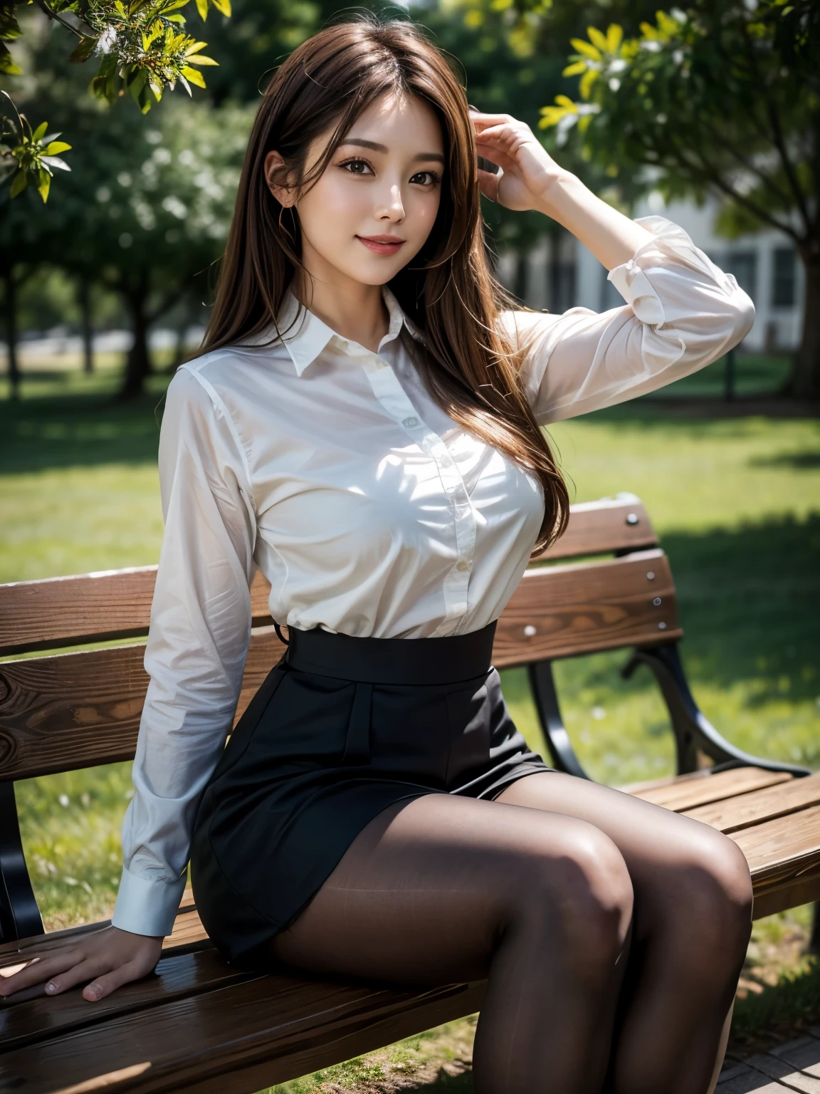 masterpiece, Best Quality, Realistic, Very detailed, finely, High resolution, 8K wallpaper, 1. Beautiful woman,, Light brown messy hair, Wearing a business suit, hort Harp Focus, Perfect Dynamic Configuration, finelyて美しい目, Thin Hair, Detailed and Realistic skin texture, smile, Model body type、Ultra-realistic pantyhose:1.3、Park bench、smile、