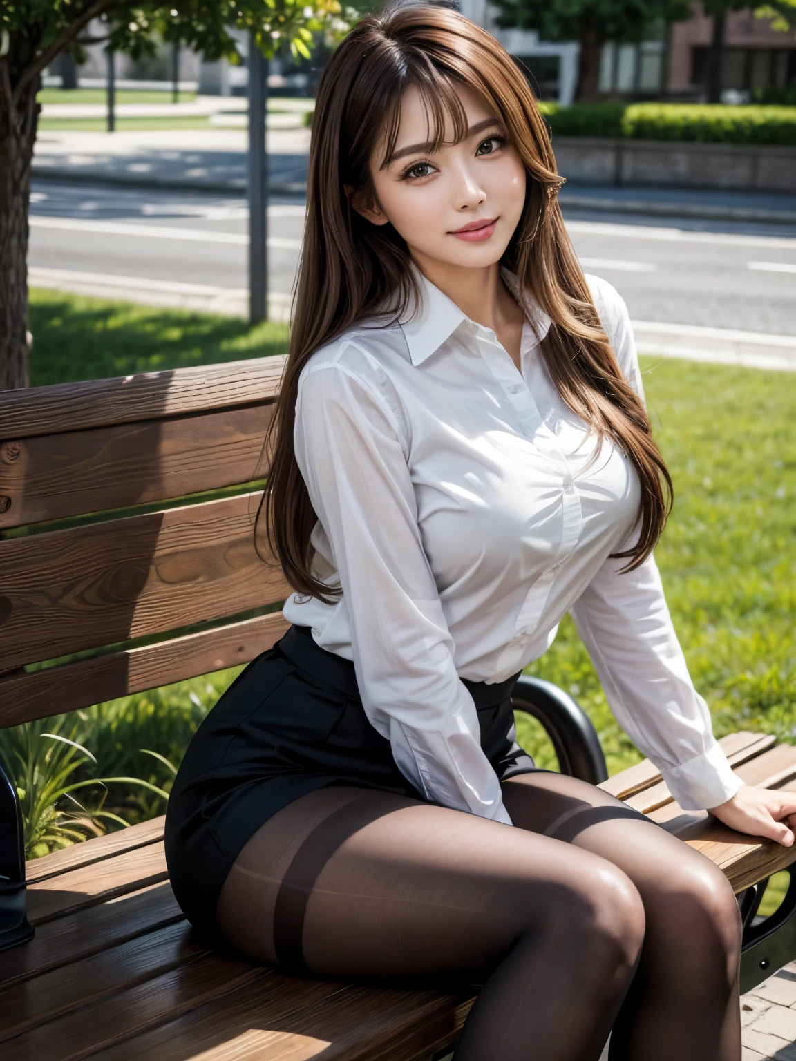masterpiece, Best Quality, Realistic, Very detailed, finely, High resolution, 8K wallpaper, 1. Beautiful woman,, Light brown messy hair, Wearing a business suit, hort Harp Focus, Perfect Dynamic Configuration, finelyて美しい目, Thin Hair, Detailed and Realistic skin texture, smile, Model body type、Ultra-realistic pantyhose:1.3、Park bench、smile、