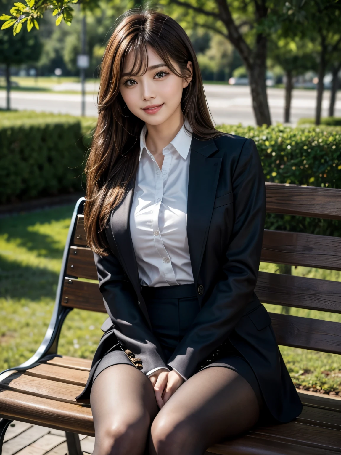 masterpiece, Best Quality, Realistic, Very detailed, finely, High resolution, 8K wallpaper, 1. Beautiful woman,, Light brown messy hair, Wearing a business suit, hort Harp Focus, Perfect Dynamic Configuration, finelyて美しい目, Thin Hair, Detailed and Realistic skin texture, smile, Model body type、Ultra-realistic pantyhose:1.3、Park bench、smile、