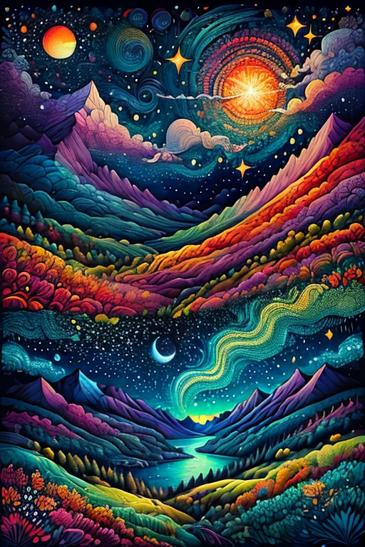 zentangle style painting:constellations and night sky,illustration style,draw with thick lines,detailed pattern,cute,pop,Gentle color,Cast colorful spells,nice background image,masterpiece,The highest masterpiece,Light and shadow,draw carefully,Fractal Art,rendering,Bright colors,fantasy,fancy,rendering,magic element,