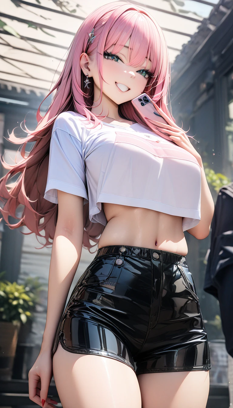 (micro cute white girl:1.5),(Fictional future high technology civilization:1.4),(big beautiful boobs:1.4) ,(shiny skin:1.4),(messy short glossy red hair:1.3),(bangs:1.1)
(smile :1.2),(beautiful body:1.5),(black velvet shorts :1.3),(plain big white cotton T-shirt:1.5),