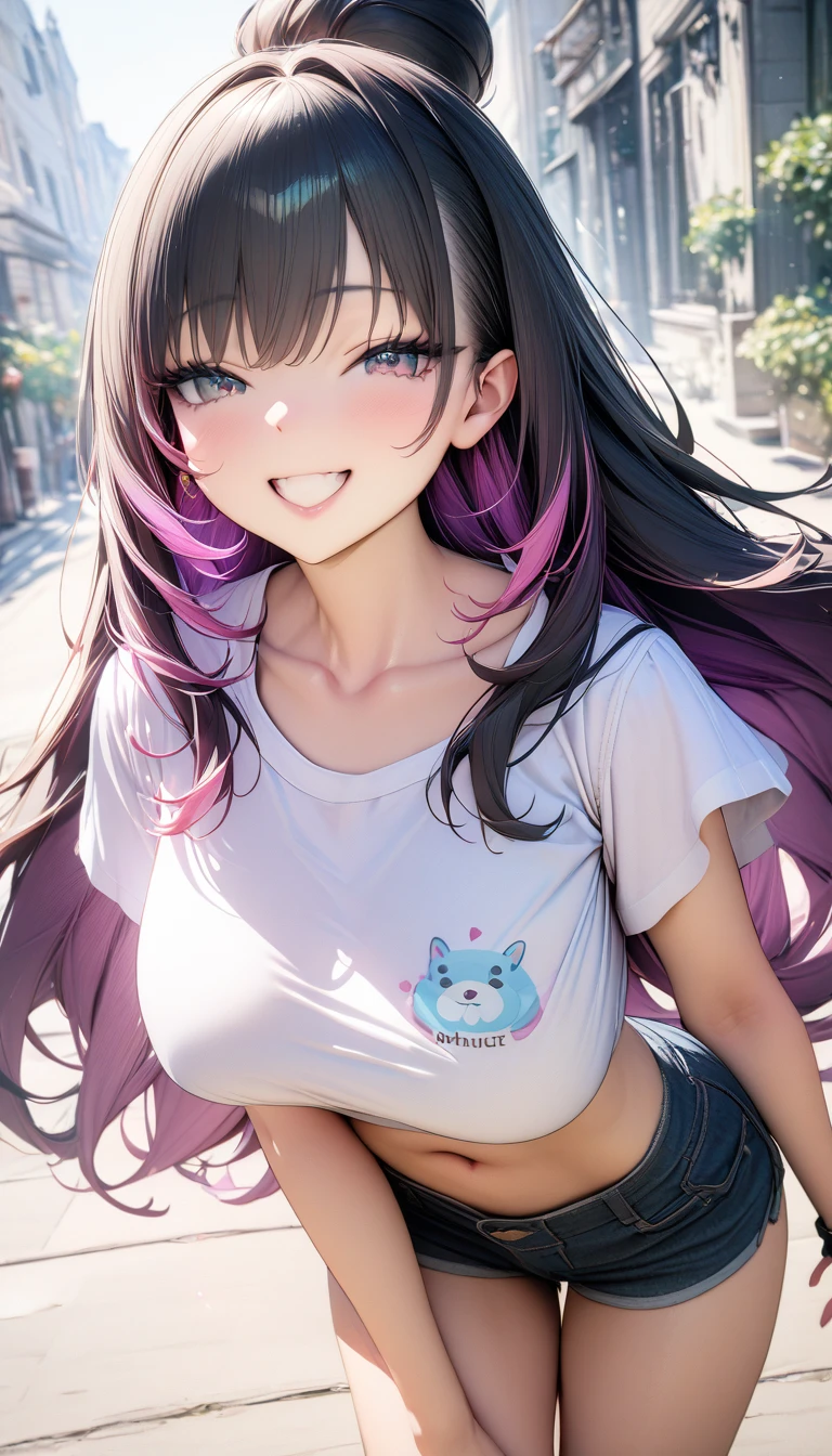 (best quality, masterpiece), 1 girl, centaur, It takes, White skin, Korean ,((23 year old girl)), black pink,Smiling, exposing the abdomen, belly button t-shirt , 아름다운 소녀 perfect white tiger photo, perfect white tiger photo