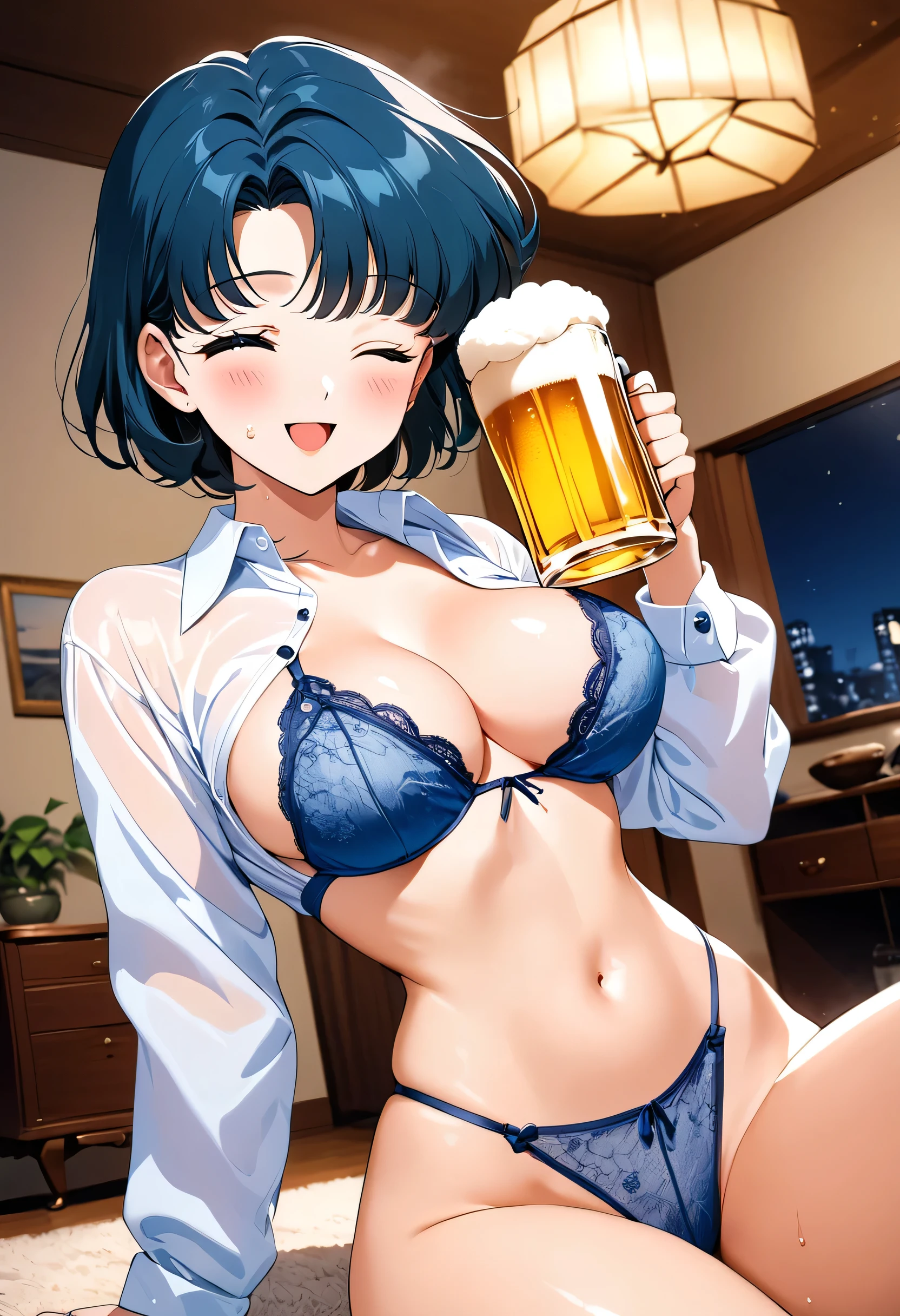 masterpiece, Highest quality, High resolution, (mizuno ami),1990s \(style\),(C cup beautiful breasts)、 (tall:1.2),height: 160cm,Fashion model body type、(White unbuttoned long sleeve button-up shirt)、Sexy pale blue lace lingerie,Sweating all over the body、vapor、muscular、1girl,fullbody,nsfw,happy smile,one eye closed,open mouth,Shyness、blush,Anime-style painting style,Blue Hair、Short Hair、Cinematic lighting,Superfine,magnificent view、The background is the living room at home、night、dynamic angle,Leg spread,Close-up、(((beer in her hand)))、Seductively Posing