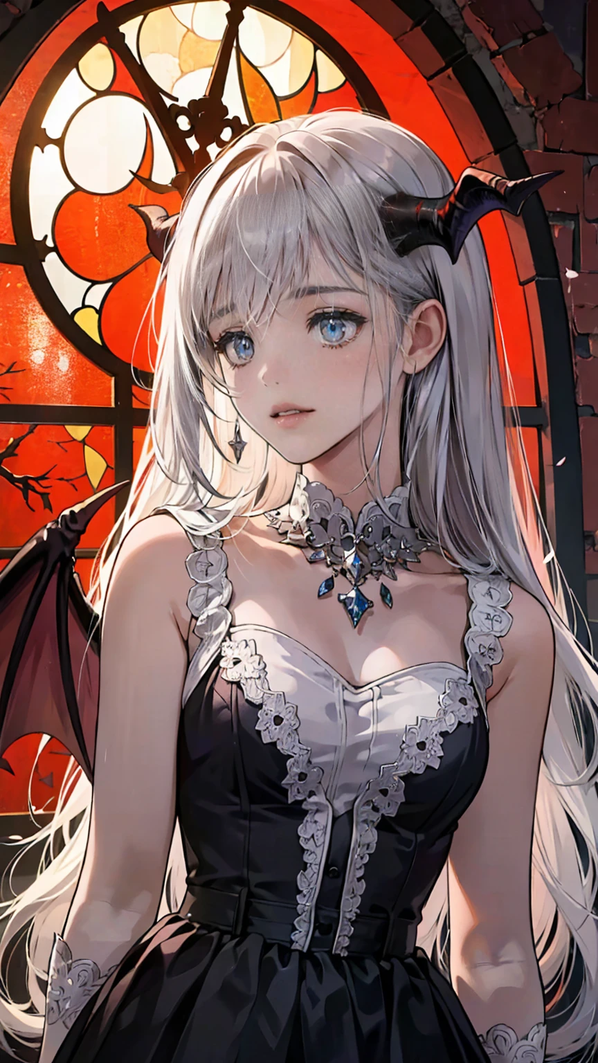 Highly detailed wallpaper, Extremely detailed, Detailed Shadows, Very accurate and detailed, Highly detailed 8K wallpapers, Very beautiful 8K CG wallpaper,Old ruined church. . Her black dress is torn，There are stains in many places. Her Gray Hair is dull, Long and Disturbed. Light shines through a broken stained glass window。.Demon horns on head.It has bat wings on its back.tooth,(Best Writing, Very delicate and beautiful),(Best Writing, Very delicate and beautiful), (Beautiful and delicate face), (Detailed eyes and detailed face:1.2), Dark fantasy,  Alone, Cute Smile, Gray Hair, Dynamic Angle, vampire), (gaint vampire castle in background),  (Red Moon, Red Sky), pointed_, tooth, Devil&#39;s Wings, Devil horns, There is blood on the face, Blood Rain, Blood Mist, (Depth of written boundary), High Contrast, (Blood splatter:1.4), Cowboy Shooting, whole body,Little b doll