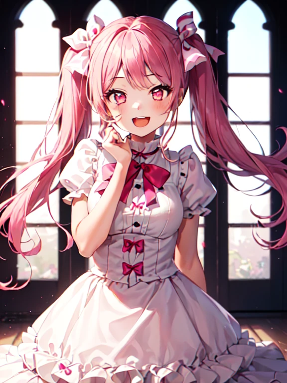 (masterpiece, best quality,high:1.5 resolution),((1girl:2,solo:2)),maruyama_aya_bangdream pink_hair, bangs, pink_eyes, blush, smile, open_mouth, bow, ribbon, twintails, sidelocks, long_hair, hair_ribbon, hair_bow