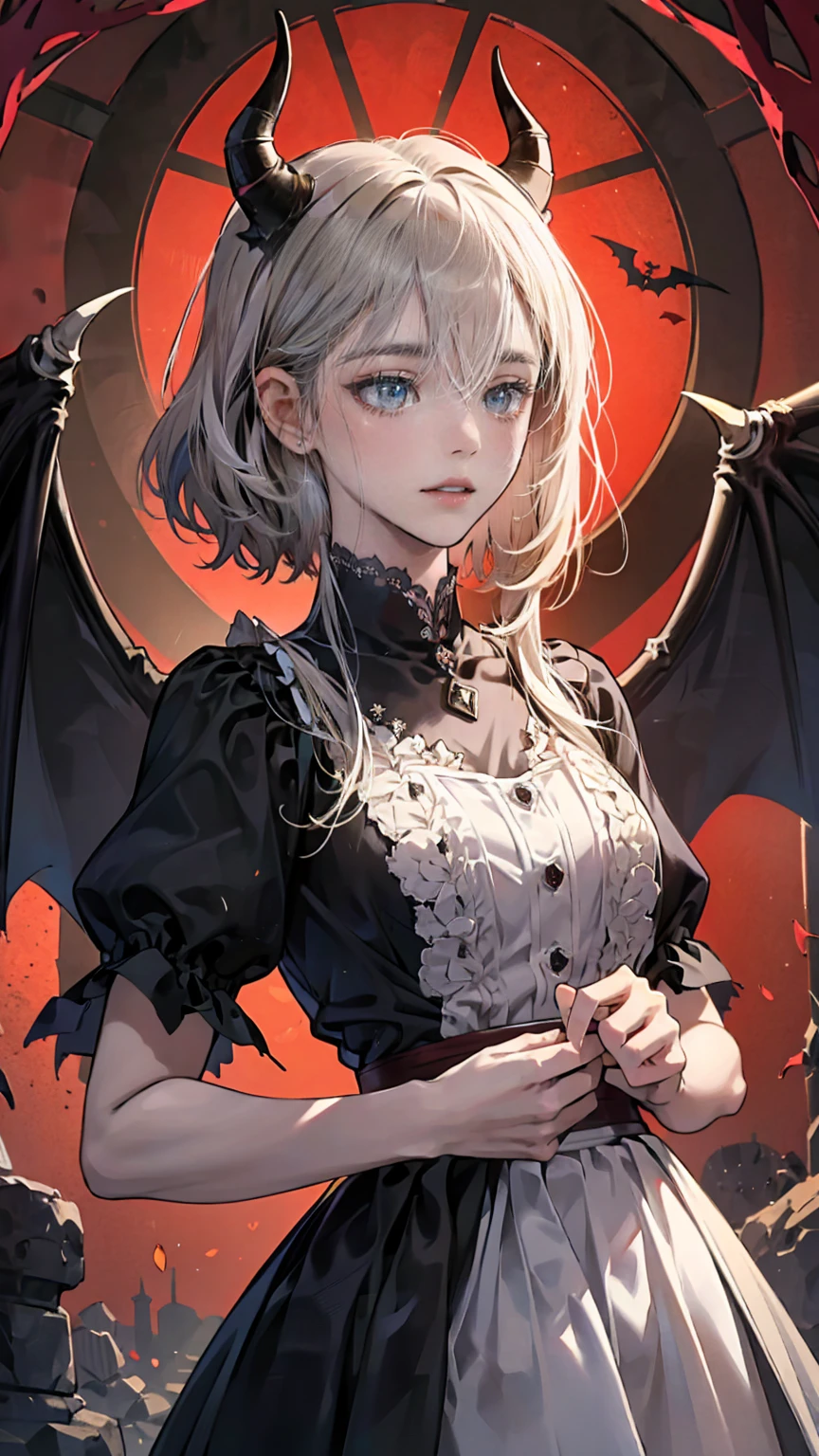 Highly detailed wallpaper, Extremely detailed, Detailed Shadows, Very accurate and detailed, Highly detailed 8K wallpapers, Very beautiful 8K CG wallpaper,Old ruined church. . Her black dress is torn，There are stains in many places. Her Gray Hair is dull, Long and Disturbed. Light shines through a broken stained glass window。.Demon horns on head.It has bat wings on its back.tooth,(Best Writing, Very delicate and beautiful),(Best Writing, Very delicate and beautiful), (Beautiful and delicate face), (Detailed eyes and detailed face:1.2), Dark fantasy,  Alone, Cute Smile, Gray Hair, Dynamic Angle, vampire), (gaint vampire castle in background),  (Red Moon, Red Sky), pointed_, tooth, Devil&#39;s Wings, Devil horns, There is blood on the face, Blood Rain, Blood Mist, (Depth of written boundary), High Contrast, (Blood splatter:1.4), Cowboy Shooting, whole body,Little b doll