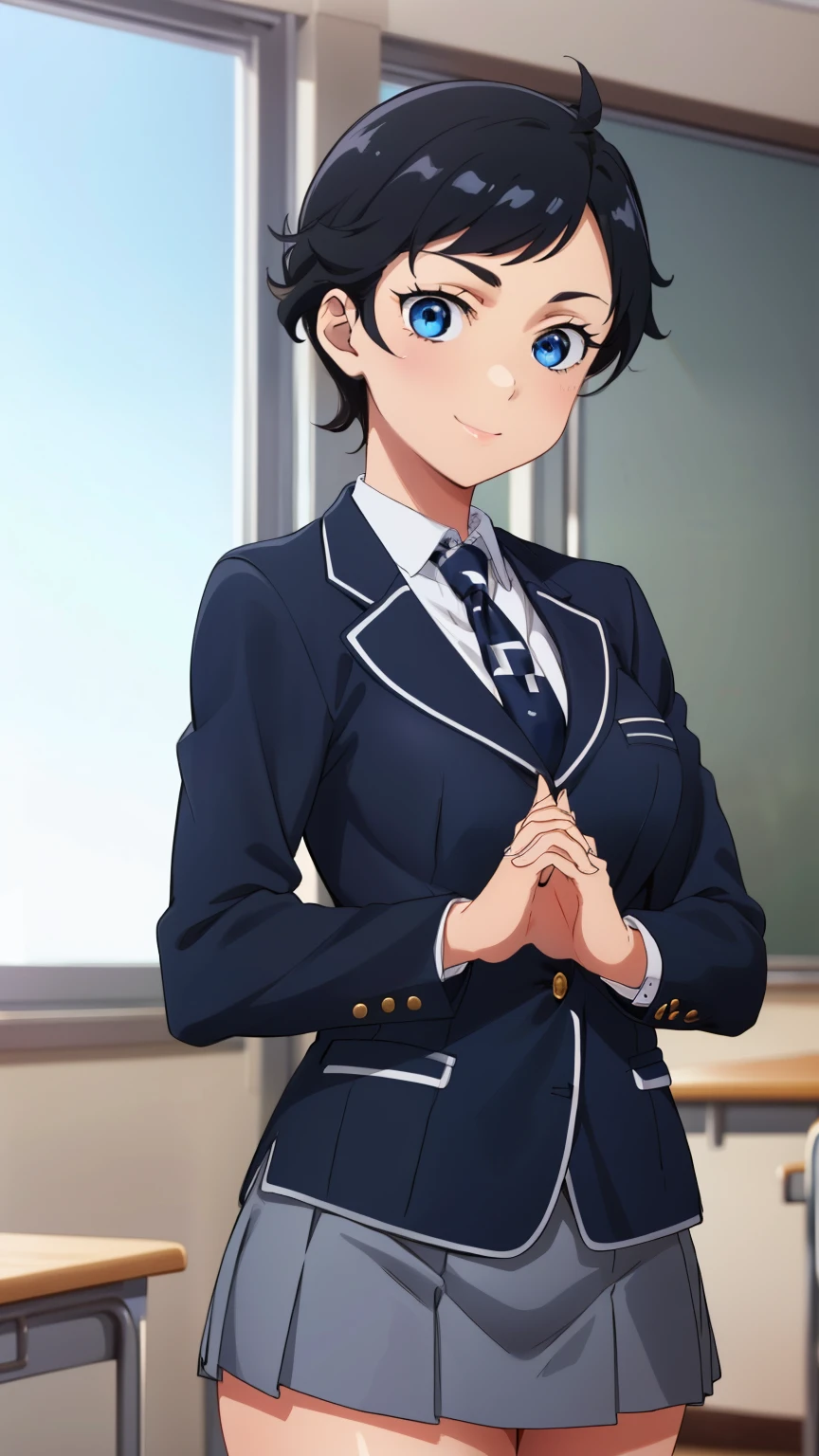 (masterpiece,best quality,high resolution,8k:1.2), Anime Coloring, ultra HD, wallpaper, beautiful detailed eyes, perfect face, beautiful detailed eyes, extremely detailed face, perfect lighting, extremely detailed CG, perfect hands,perfect anatomy, perfect body, perfect hands, perfect fingers,1girl, black hair,  (curly hair), (medium hair),  blue eyes, (small medium breasts), medium buttocks, smiling, (school uniform, navy blue blazer, tie, white shirt, checkered miniskirt, classroom), (cowboy shot:1.2),