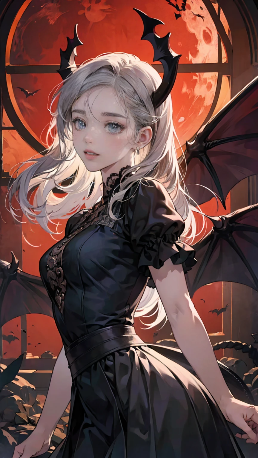 Highly detailed wallpaper, Extremely detailed, Detailed Shadows, Very accurate and detailed, Highly detailed 8K wallpapers, Very beautiful 8K CG wallpaper,Old ruined church. . Her black dress is torn，There are stains in many places. Her Gray Hair is dull, Long and Disturbed. Light shines through a broken stained glass window。.Demon horns on head.It has bat wings on its back.tooth,(Best Writing, Very delicate and beautiful),(Best Writing, Very delicate and beautiful), (Beautiful and delicate face), (Detailed eyes and detailed face:1.2), Dark fantasy,  Alone, Cute Smile, Gray Hair, Dynamic Angle, vampire), (gaint vampire castle in background),  (Red Moon, Red Sky), pointed_, tooth, Devil&#39;s Wings, Devil horns, There is blood on the face, Blood Rain, Blood Mist, (Depth of written boundary), High Contrast, (Blood splatter:1.4), Cowboy Shooting, whole body,Little b doll