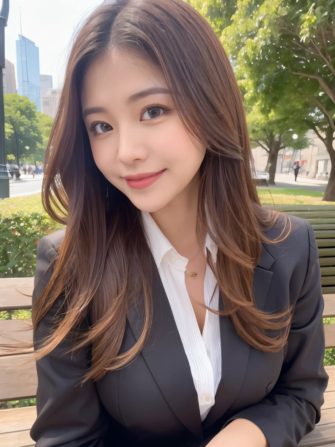 A close up of a woman in a suit sitting on a bench - SeaArt AI