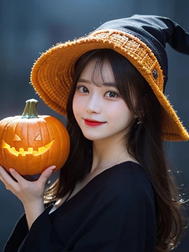 ((masterpiece)), (best quality), (cinematic), Slender, skinny, Big Chest, biggest breasts, witch_dress, close-up, puddles of water, long brown hair, bangs, green eyes, freckles on cheeks, wind, detailed face, detailed body, dark gray sky, glow, clouds, city halloween, floating bubbles (cinematic, colorful), (extremely detailed), clouds, highly detailed face,aerith gainsborough,aerith gainsborough \(cosplay\),choker, wearing a halloween costume, cute_fang, cute_smile, Happy expression, witch_hat, holding a pumpking, big_boobs