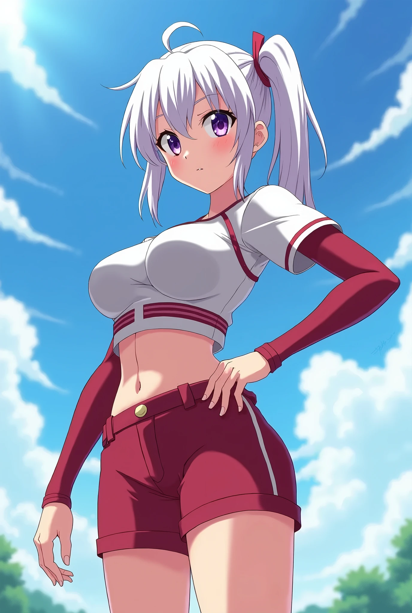 -artwork- -4k- -high quality- a completely white entity, bright white hair, light blue eyes, no human features, sexy female body, big breasts, big butt, big waist, red horns, dressed in sportswear, sports pants, taller than a tree, in a park, with a tender smile
