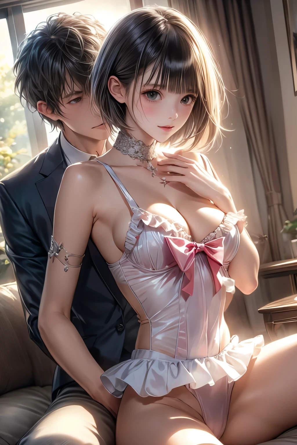 （（（ＳＦＷ、sound、Highest quality、First Class、masterpiece、Normal body、8k、Detailed face、Ultra-precision、Normal hand、Normal finger、Highest）））、beautiful girl、Silver Hair、Odd Eye（（Emerald、brown））、Shortcuts、Bobcut、Small breasts、White high leg leotard、Colorful frill mini skirt、Ribbon on the right side of the head、Frill ribbon on chest、Large frill ribbon on the back、Hinako Shirai - Blue Reflection -、Transformation、Magical Girl、aphrodisiac、Estrus、Embarrassing、Open your mouth、Collar、２people（Hinako and the man）、Couple、Being with a man、Being hugged from behind by a man、A man rubs her breasts、Breast Grab、Hotel、Man sitting on sofa、Having my breasts massaged、sex、Panting、At the mercy of men、Having her pussy played with